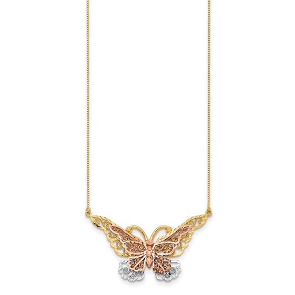 14k Yellow & Rose Genuine Gold with Rhodium Butterfly 17" Necklace - Picture 2 of 3